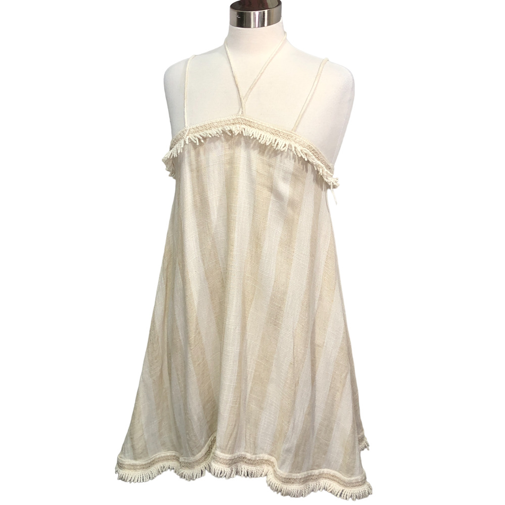 Seven Wonders Womens Size 6 Linen Blend Striped Dress Fringe Beige Cream Beachy